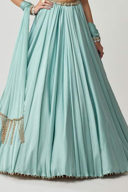 Vvani By Vani Vats Sky Blue Satin, Georgette Mirrors, Beads High Neck, Work Blouse Lehenga Set at Aza Fashions Vvani By Vani Vats_Sky Blue Satin, Georgette Mirrors, Beads High Neck, Work Blouse Lehenga Set _at_Aza_Fashions
