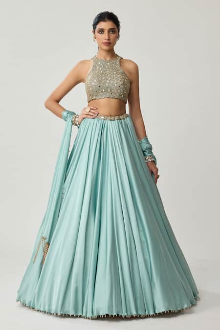 Vvani By Vani Vats Mirror Work Blouse Satin Lehenga Set 