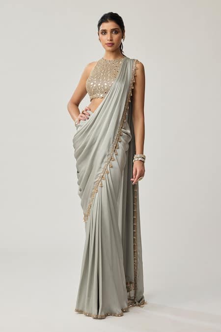 Shop_Vvani By Vani Vats_Gray Satin, Georgette Tassels, Piping, Mirrors, Pre-draped Saree With Blouse _Online_at_Aza_Fashions