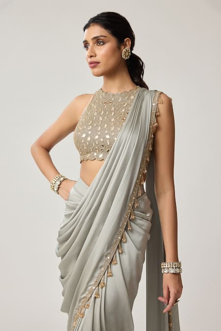 Vvani By Vani Vats_Gray Satin, Georgette Tassels, Piping, Mirrors, Pre-draped Saree With Blouse _at_Aza_Fashions