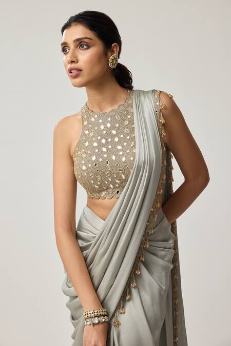Buy_Vvani By Vani Vats_Gray Satin, Georgette Tassels, Piping, Mirrors, Pre-draped Saree With Blouse 