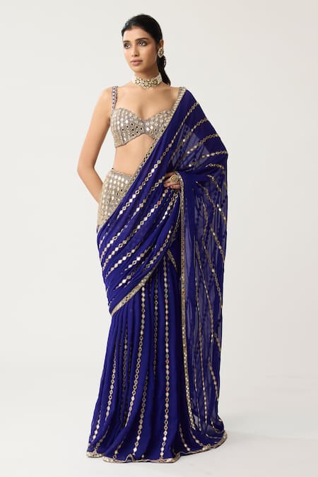 Buy_Vvani By Vani Vats_Blue Georgette Mirrors, Metallic Pre-draped Fitted Linear Saree With Blouse _Online_at_Aza_Fashions