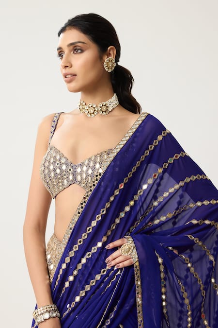 Shop_Vvani By Vani Vats_Blue Georgette Mirrors, Metallic Pre-draped Fitted Linear Saree With Blouse _Online_at_Aza_Fashions