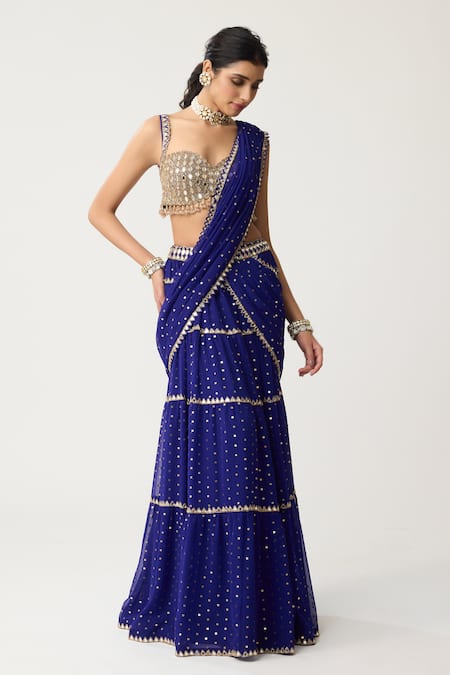 Vvani By Vani Vats_Blue Georgette Mirrors Sweetheart Tiered Pre-draped Lehenga Saree With Blouse _Online_at_Aza_Fashions