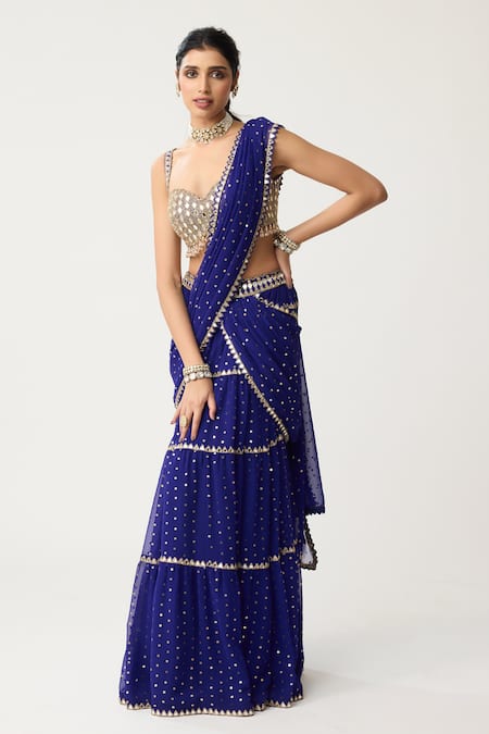 Buy_Vvani By Vani Vats_Blue Georgette Mirrors Sweetheart Tiered Pre-draped Lehenga Saree With Blouse _Online_at_Aza_Fashions