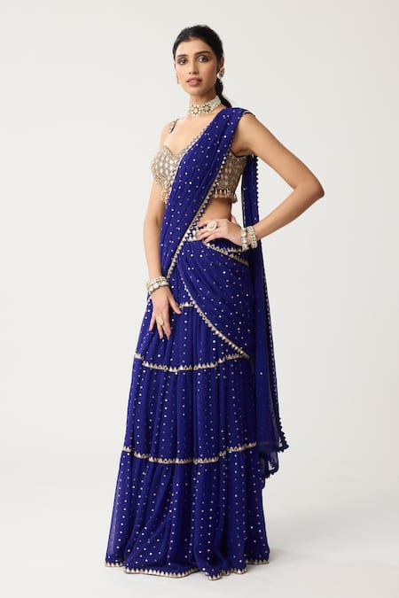 Shop_Vvani By Vani Vats_Blue Georgette Mirrors Sweetheart Tiered Pre-draped Lehenga Saree With Blouse _Online_at_Aza_Fashions