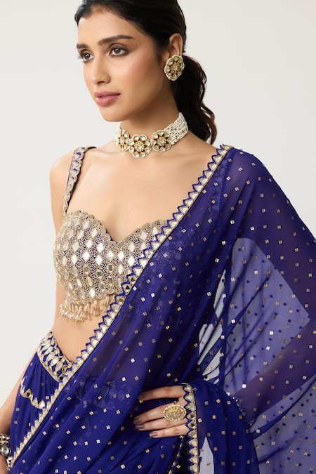 Buy_Vvani By Vani Vats_Blue Georgette Mirrors Sweetheart Tiered Pre-draped Lehenga Saree With Blouse 
