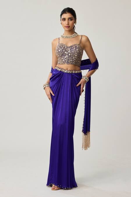 Buy_Vvani By Vani Vats_Gold Georgette, Satin Mirrors, Beads, Sequins Corset And Draped Skirt Set _Online_at_Aza_Fashions