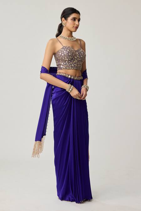 Vvani By Vani Vats_Gold Georgette, Satin Mirrors, Beads, Sequins Corset And Draped Skirt Set _at_Aza_Fashions