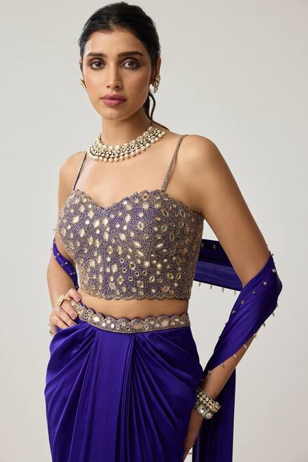 Buy_Vvani By Vani Vats_Gold Georgette, Satin Mirrors, Beads, Sequins Corset And Draped Skirt Set 