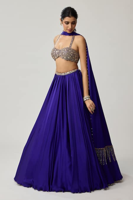 Buy_Vvani By Vani Vats_Blue Satin, Georgette Studs, Mirrors, Beads, Tassels Work Blouse Lehenga Set _Online_at_Aza_Fashions