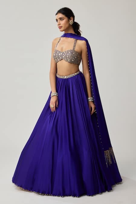 Shop_Vvani By Vani Vats_Blue Satin, Georgette Studs, Mirrors, Beads, Tassels Work Blouse Lehenga Set _Online_at_Aza_Fashions