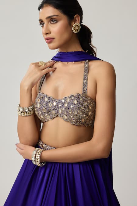 Vvani By Vani Vats_Blue Satin, Georgette Studs, Mirrors, Beads, Tassels Work Blouse Lehenga Set _at_Aza_Fashions