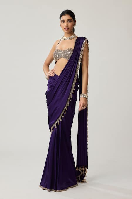 Vvani By Vani Vats Pre-Draped Satin Saree With Mirror Work Blouse 