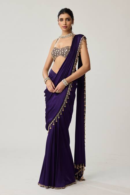 Vvani By Vani Vats_Purple Satin, Georgette Mirrors, Tassels, Pre-draped Saree With Work Blouse _Online_at_Aza_Fashions