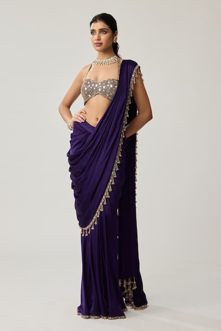 Buy_Vvani By Vani Vats_Purple Satin, Georgette Mirrors, Tassels, Pre-draped Saree With Work Blouse _Online_at_Aza_Fashions