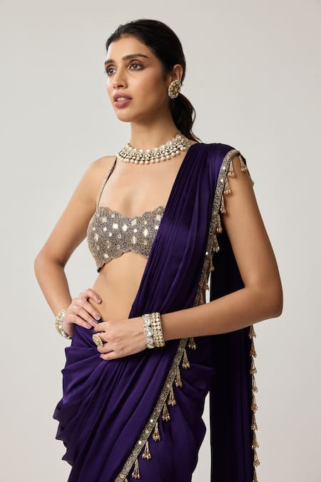Shop_Vvani By Vani Vats_Purple Satin, Georgette Mirrors, Tassels, Pre-draped Saree With Work Blouse _Online_at_Aza_Fashions