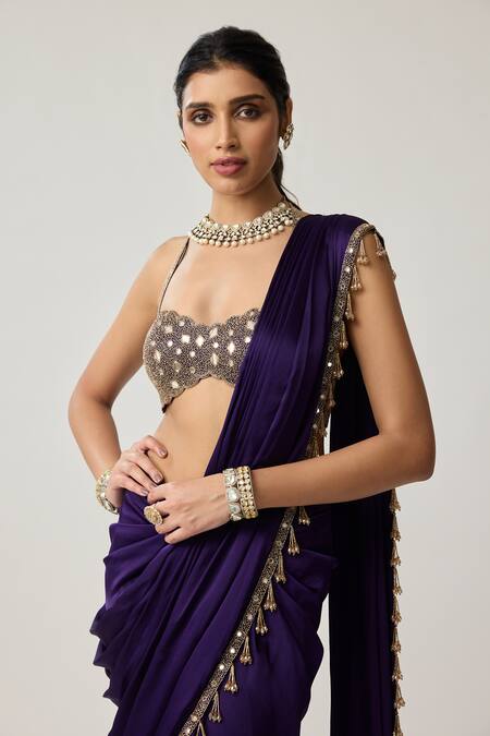 Vvani By Vani Vats_Purple Satin, Georgette Mirrors, Tassels, Pre-draped Saree With Work Blouse _at_Aza_Fashions