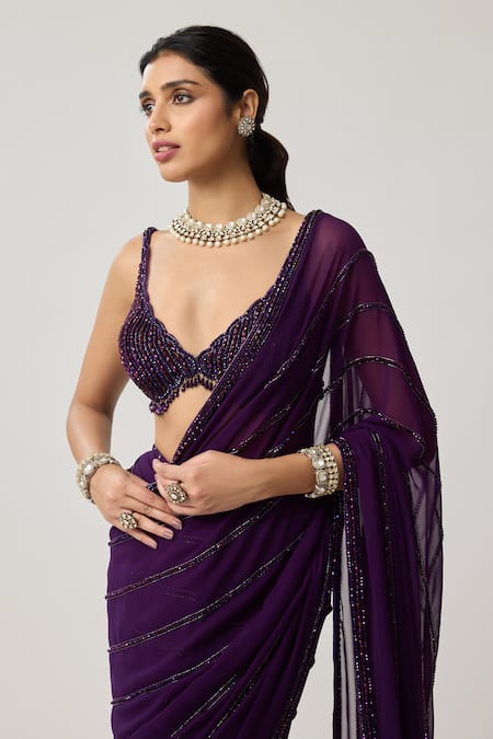 Vvani By Vani Vats Purple Georgette Crystals, Beads V-neck Saree With Embroidered Blouse Online at Aza Fashions Vvani By Vani Vats_Purple Georgette Crystals, Beads V-neck Saree With Embroidered Blouse _Online_at_Aza_Fashions