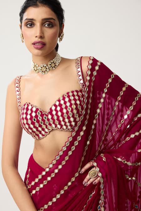 Vvani By Vani Vats_Red Georgette Mirrors, Embroidery Linear Pre-draped Saree With Blouse _Online_at_Aza_Fashions