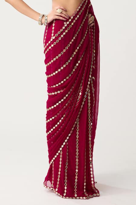 Shop_Vvani By Vani Vats_Red Georgette Mirrors, Embroidery Linear Pre-draped Saree With Blouse _Online_at_Aza_Fashions