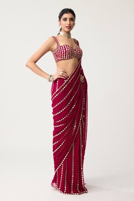 Vvani By Vani Vats_Red Georgette Mirrors, Embroidery Linear Pre-draped Saree With Blouse _at_Aza_Fashions