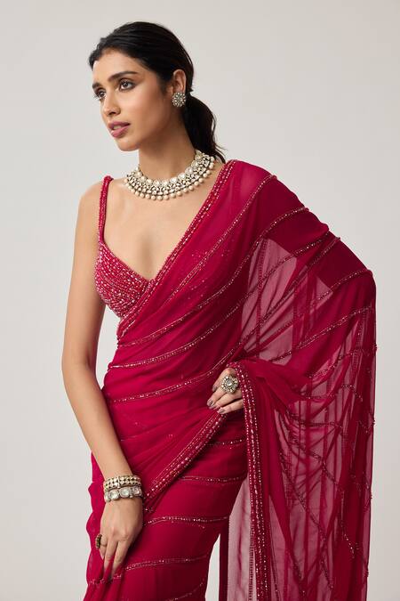 Vvani By Vani Vats Red Georgette Crystals, Embroidery V-, Scoop Saree With Blouse Online at Aza Fashions Vvani By Vani Vats_Red Georgette Crystals, Embroidery V-, Scoop Saree With Blouse _Online_at_Aza_Fashions