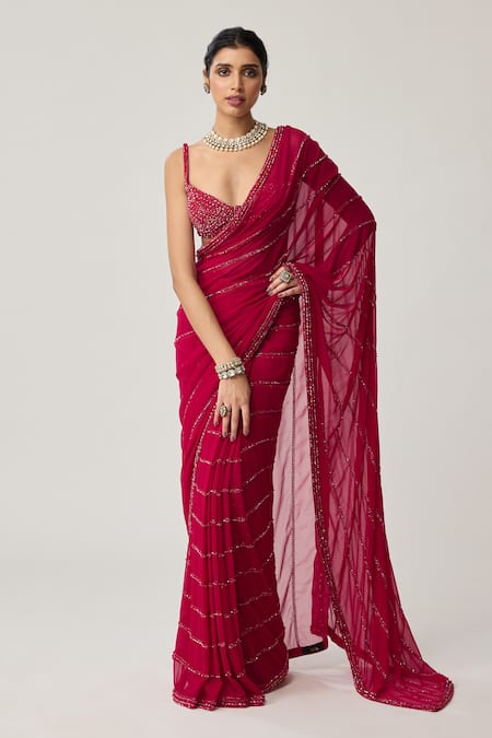 Buy Vvani By Vani Vats Red Georgette Crystals, Embroidery V-, Scoop Saree With Blouse Online at Aza Fashions Buy_Vvani By Vani Vats_Red Georgette Crystals, Embroidery V-, Scoop Saree With Blouse _Online_at_Aza_Fashions