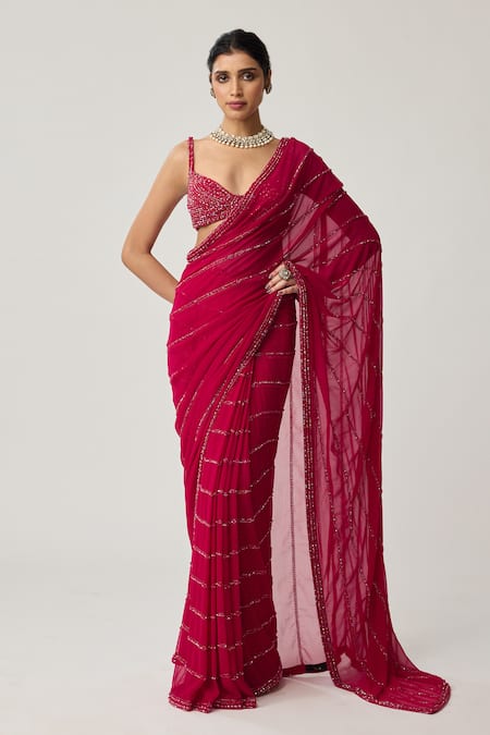 Shop Vvani By Vani Vats Red Georgette Crystals, Embroidery V-, Scoop Saree With Blouse Online at Aza Fashions Shop_Vvani By Vani Vats_Red Georgette Crystals, Embroidery V-, Scoop Saree With Blouse _Online_at_Aza_Fashions