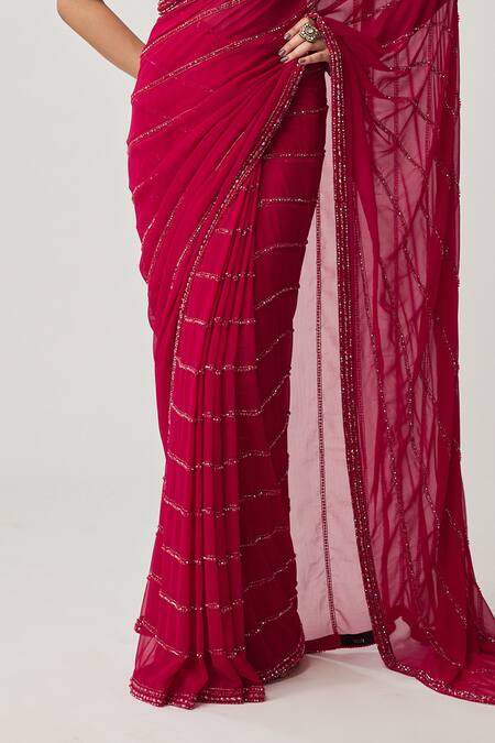 Vvani By Vani Vats Red Georgette Crystals, Embroidery V-, Scoop Saree With Blouse at Aza Fashions Vvani By Vani Vats_Red Georgette Crystals, Embroidery V-, Scoop Saree With Blouse _at_Aza_Fashions