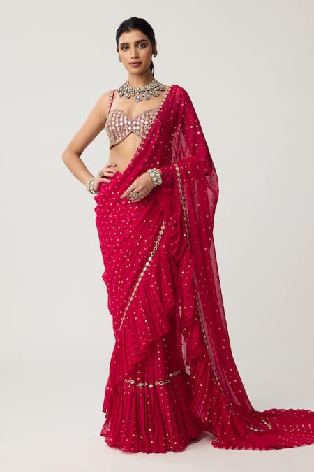 Vvani By Vani Vats Ruffle Sequins Saree With Mirror Blouse 