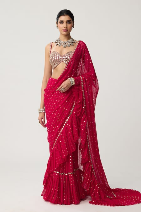 Vvani By Vani Vats_Red Georgette Sequins, Mirrors, Ruffles, Embroidery Saree With Blouse _Online_at_Aza_Fashions