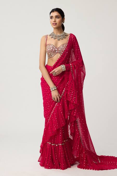 Buy_Vvani By Vani Vats_Red Georgette Sequins, Mirrors, Ruffles, Embroidery Saree With Blouse _Online_at_Aza_Fashions