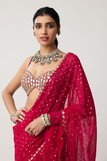 Shop_Vvani By Vani Vats_Red Georgette Sequins, Mirrors, Ruffles, Embroidery Saree With Blouse _Online_at_Aza_Fashions