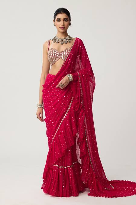 Vvani By Vani Vats_Red Georgette Sequins, Mirrors, Ruffles, Embroidery Saree With Blouse _at_Aza_Fashions