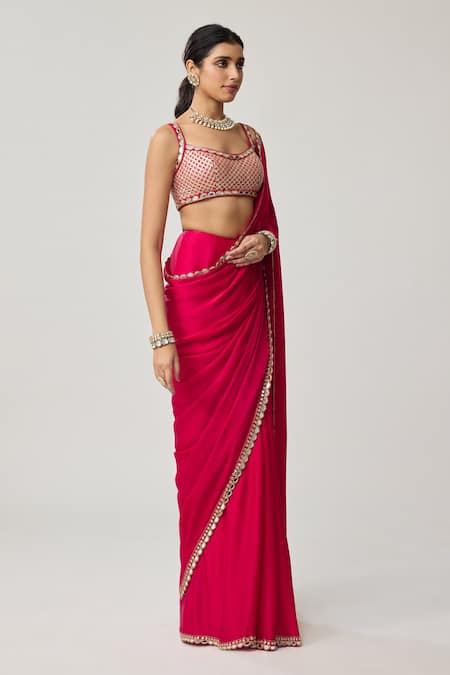 Vvani By Vani Vats_Red Satin, Georgette Mirrors, Gota Patti, Embroidery Bordered Saree With Blouse _Online_at_Aza_Fashions