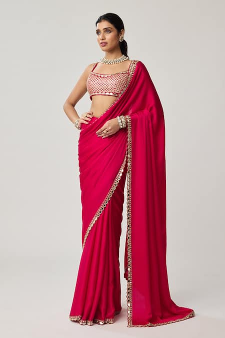 Buy_Vvani By Vani Vats_Red Satin, Georgette Mirrors, Gota Patti, Embroidery Bordered Saree With Blouse _Online_at_Aza_Fashions