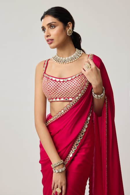 Vvani By Vani Vats_Red Satin, Georgette Mirrors, Gota Patti, Embroidery Bordered Saree With Blouse _at_Aza_Fashions