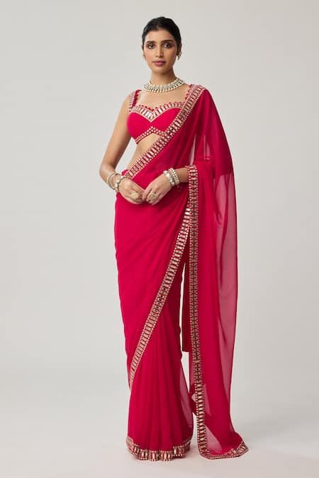 Vvani By Vani Vats Mirror Bordered Georgette Saree With Blouse 