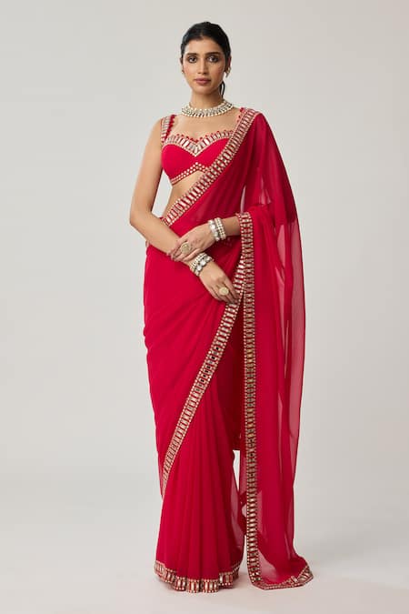 Buy_Vvani By Vani Vats_Red Georgette Mirrors, Tassels Sweetheart Neck Bordered Saree With Blouse _Online_at_Aza_Fashions