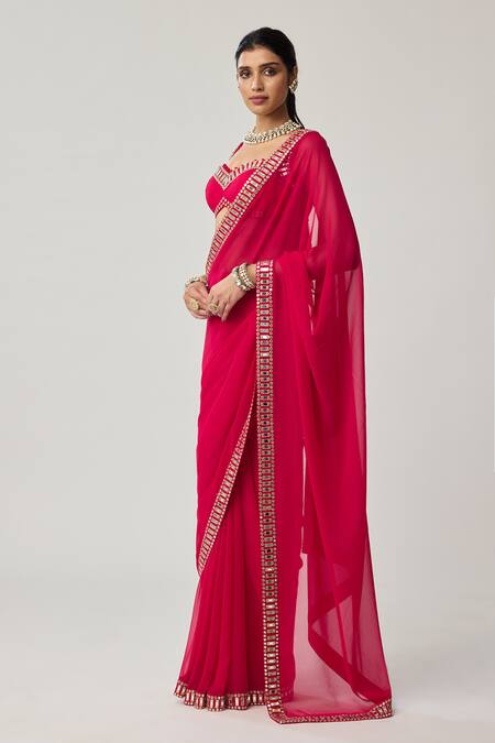 Shop_Vvani By Vani Vats_Red Georgette Mirrors, Tassels Sweetheart Neck Bordered Saree With Blouse _Online_at_Aza_Fashions