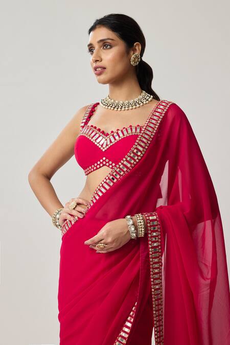 Vvani By Vani Vats_Red Georgette Mirrors, Tassels Sweetheart Neck Bordered Saree With Blouse _at_Aza_Fashions