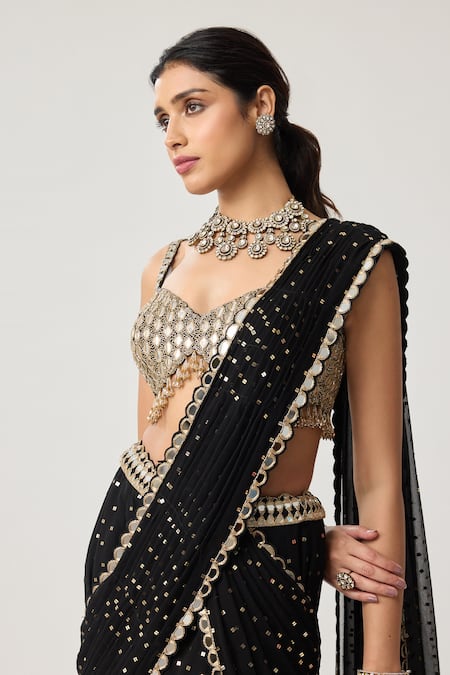Vvani By Vani Vats_Black Georgette Sequins, Mirrors Pre-draped Flared Pant Saree With Blouse _Online_at_Aza_Fashions