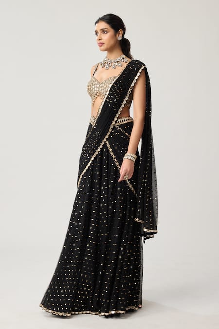 Buy_Vvani By Vani Vats_Black Georgette Sequins, Mirrors Pre-draped Flared Pant Saree With Blouse _Online_at_Aza_Fashions