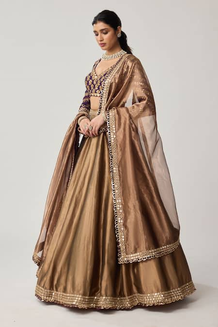 Buy_Vvani By Vani Vats_Brown Organza, Georgette Gota Patti, Mirrors, Mughal Motif Blouse Lehenga Set _Online_at_Aza_Fashions
