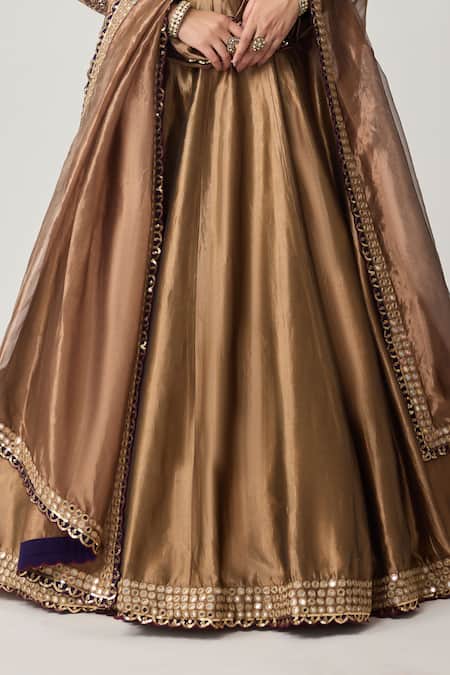Shop_Vvani By Vani Vats_Brown Organza, Georgette Gota Patti, Mirrors, Mughal Motif Blouse Lehenga Set _Online_at_Aza_Fashions