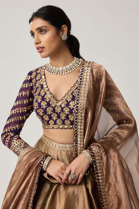 Buy_Vvani By Vani Vats_Brown Organza, Georgette Gota Patti, Mirrors, Mughal Motif Blouse Lehenga Set 