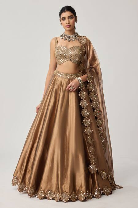 Vvani By Vani Vats_Brown Organza Mirrors, Sequins Sweetheart Copper Tissue Geometry Lehenga Set _Online_at_Aza_Fashions