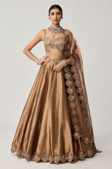 Buy_Vvani By Vani Vats_Brown Organza Mirrors, Sequins Sweetheart Copper Tissue Geometry Lehenga Set _Online_at_Aza_Fashions