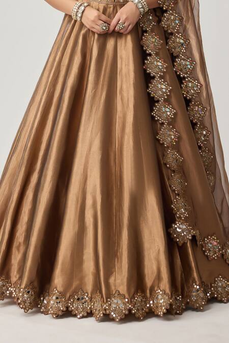 Shop_Vvani By Vani Vats_Brown Organza Mirrors, Sequins Sweetheart Copper Tissue Geometry Lehenga Set _Online_at_Aza_Fashions